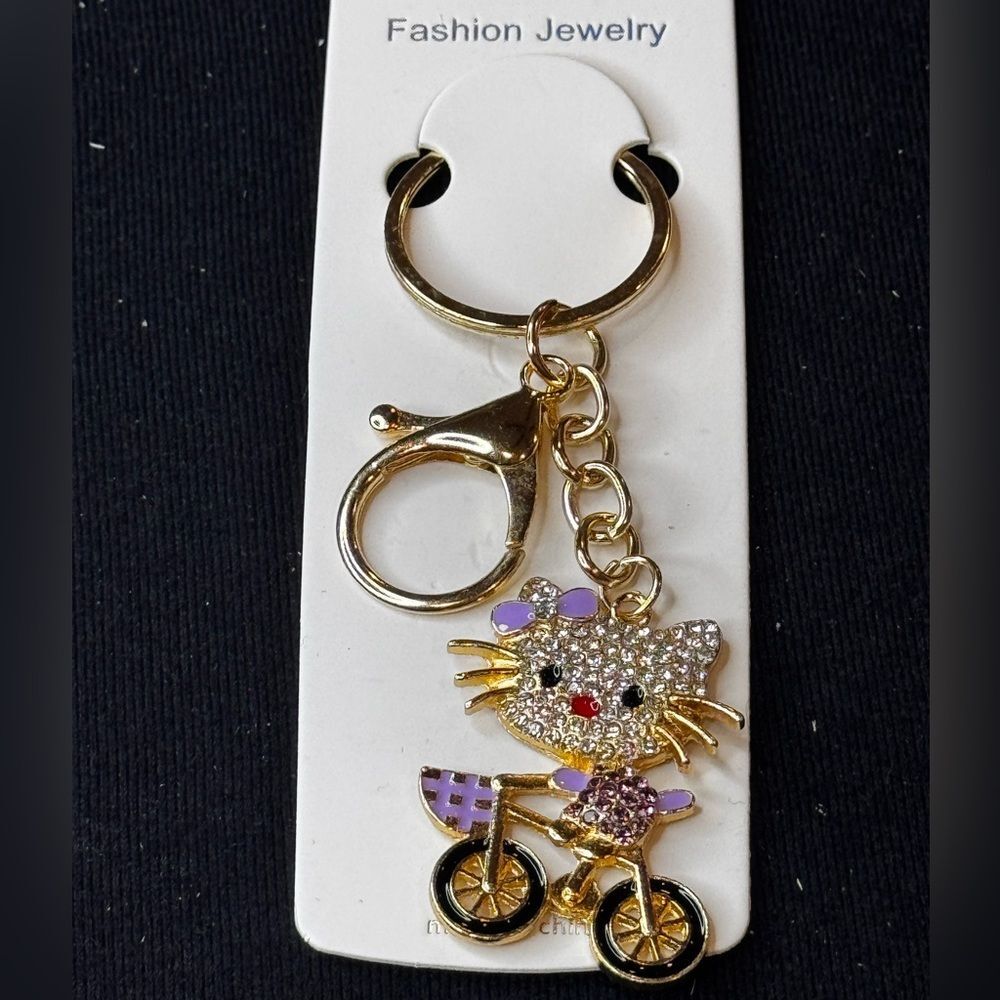 Mint BAG CHARM Sparkly Cat on Bicycle Keychain/Purse Charm Purple